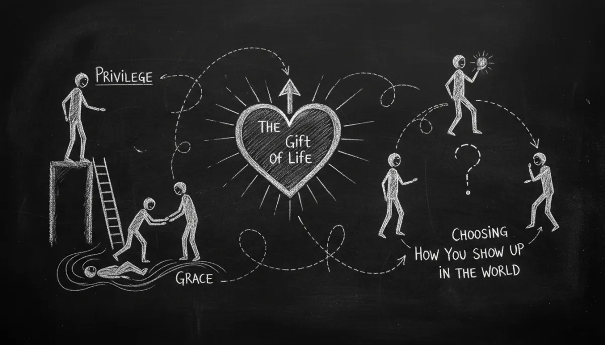 Infographic style visual. Theme: Living With Intention. Elements: sunrise over a city skyline, stylized human figure, upward arrows, icons for health, wellness, and mindset. Colors: energetic neutrals and gold. Text overlay: 'Living With Intention'. Tone: authoritative, trustworthy, energetic.