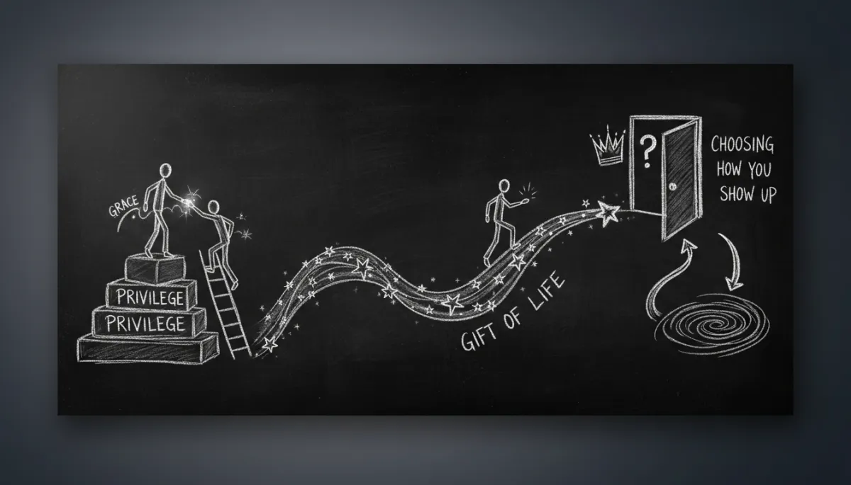 Infographic style visual. Theme: Grace and Reflection. Elements: hands holding a mug, interconnected lines symbolizing support, icons for wellness and gratitude. Colors: energetic neutrals, gold, and blue. Text overlay: 'Reflection & Grace'. Tone: trustworthy, energetic, authoritative.