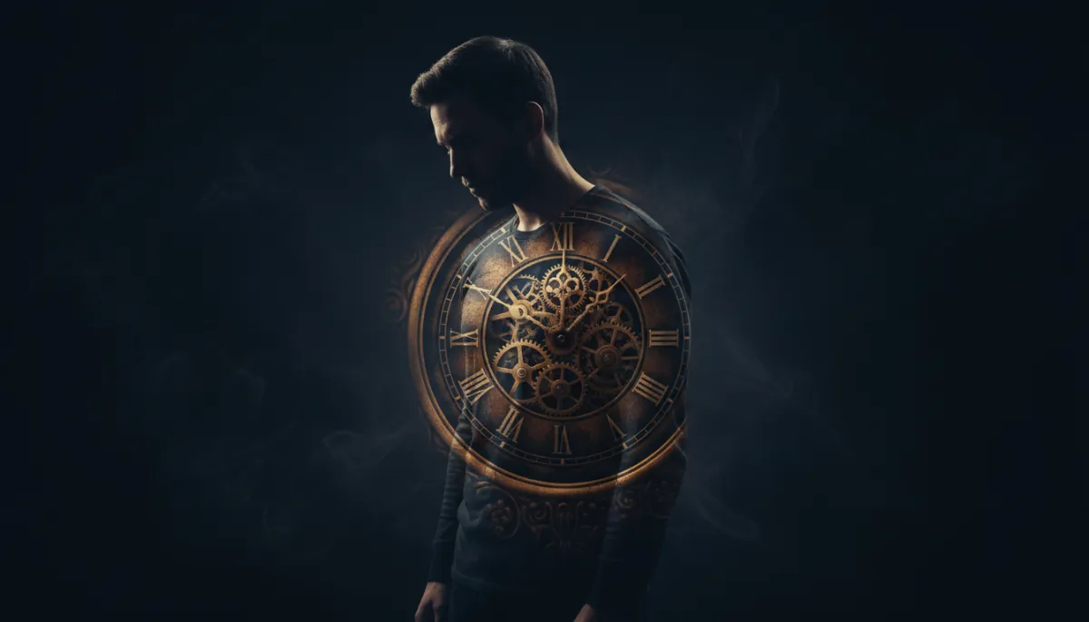 Man blended with antique golden clock in cinematic double-exposure style