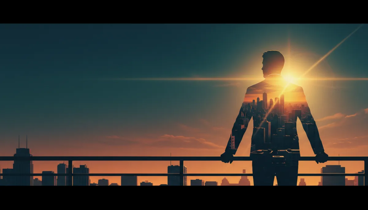 A cinematic, high-contrast image in widescreen aspect ratio: A contemplative man stands alone on a city rooftop at sunrise, hands gripping the railing, with dramatic lens flare from the sun breaking over the skyline. Use a double exposure effect: blend the silhouette of the man with a semi-transparent, sprawling city skyline and abstract sunrise rays. Rich, moody color grading (teal and orange tones), deep shadows, and subtle film grain. The composition leaves negative space in the sky for bold title text.
