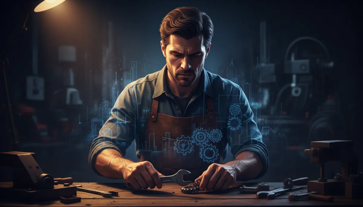 A cinematic, high-contrast image: A determined man working with tools at a workshop bench, illuminated by dramatic, directional lighting that creates deep shadows and intense highlights. Overlay double exposure elements: blueprints, gears, and faint city skyline shapes merging within his silhouette. Use a moody, filmic color palette with rich blues and warm highlights, and subtle cinematic depth of field for a storytelling effect.
