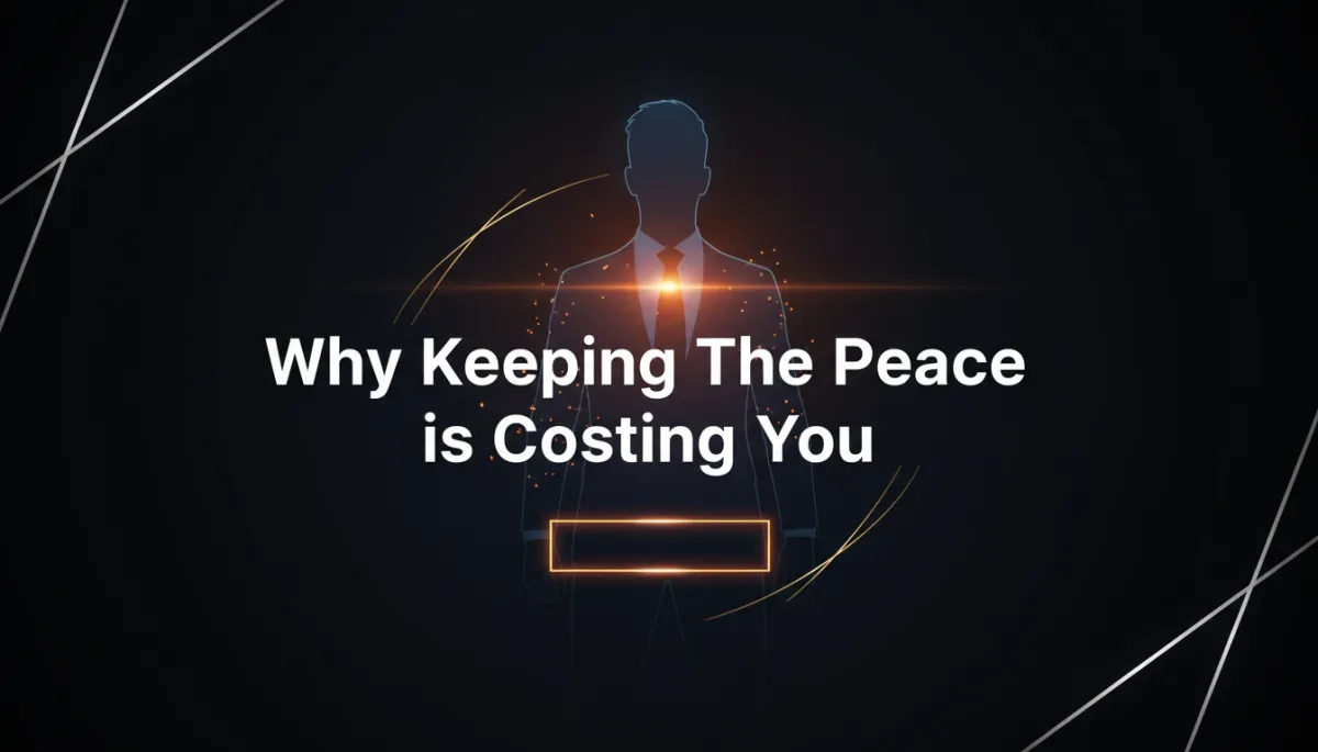 Photorealistic, cinematic end slide: rich dark navy-black background, smooth and elegant. Centered bold condensed modern typography in white: 'Why Keeping The Peace is Costing You.' Subtle minimalist gold or silver accent lines frame the text. In the background, a faint confident male silhouette with gentle illuminated outline and subtle sparks within, orange lens flare, geometric corner lines, and a glowing quote box for drama.