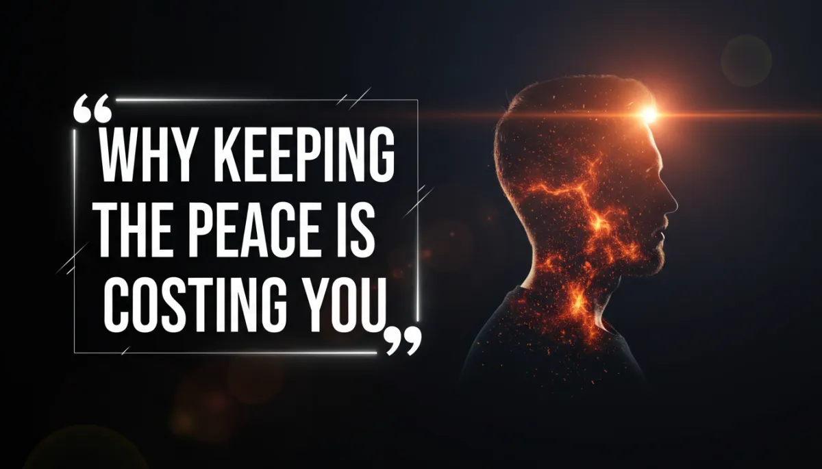 Cinematic double exposure image: dark navy-black background. RIGHT: male silhouette looking straight ahead with glowing sparks inside (double exposure). LEFT: massive bold condensed typography 'Why Keeping The Peace is Costing You' in white, encased in a glowing quote box. Include geometric corner lines and an orange lens flare for cinematic drama.