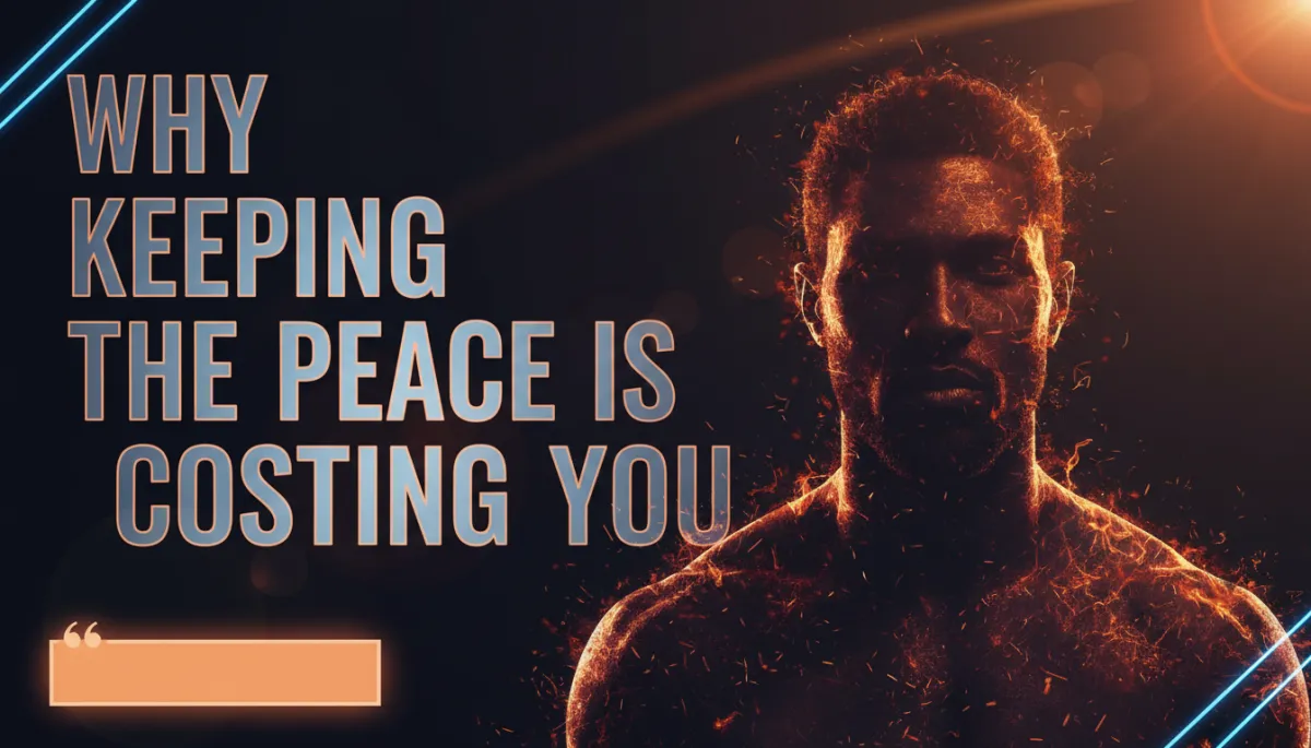 Double exposure cinematic image: dark navy-black background. LEFT: massive bold condensed typography reads 'Why Keeping The Peace is Costing You.' RIGHT: male silhouette looking straight ahead, double exposure sparks or glowing embers inside. Add geometric corner lines, a glowing quote box, and a dramatic orange lens flare.