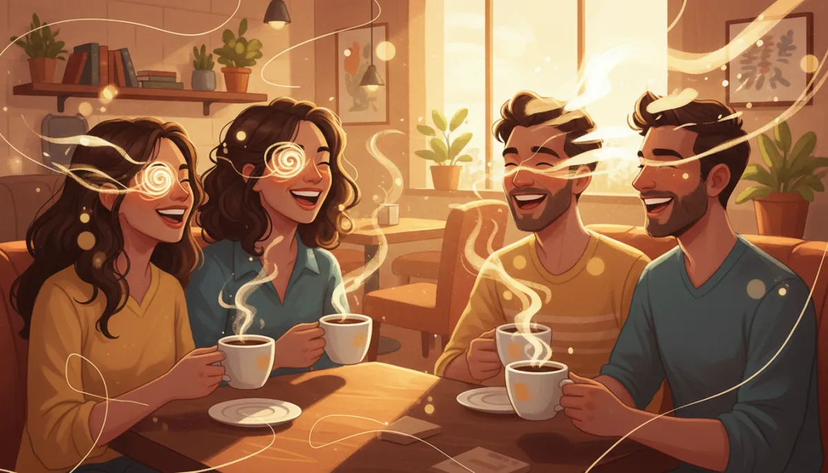 Double exposure, cinematic-style promotional poster: group of friends laughing over coffee in a cozy café, their faces partially blended with gentle, glowing bokeh lights or a sunrise, cinematic color grading, and a subtle overlay of handwritten text or lines symbolizing connection and joy.