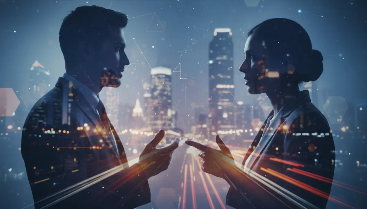 Double exposure, cinematic-style image for a promotional poster: three colleagues engaged in thoughtful discussion, their forms merged with abstract geometric patterns or a blurred city at dusk, high-contrast lighting and atmospheric effects, evoking complexity and intention in relationships.