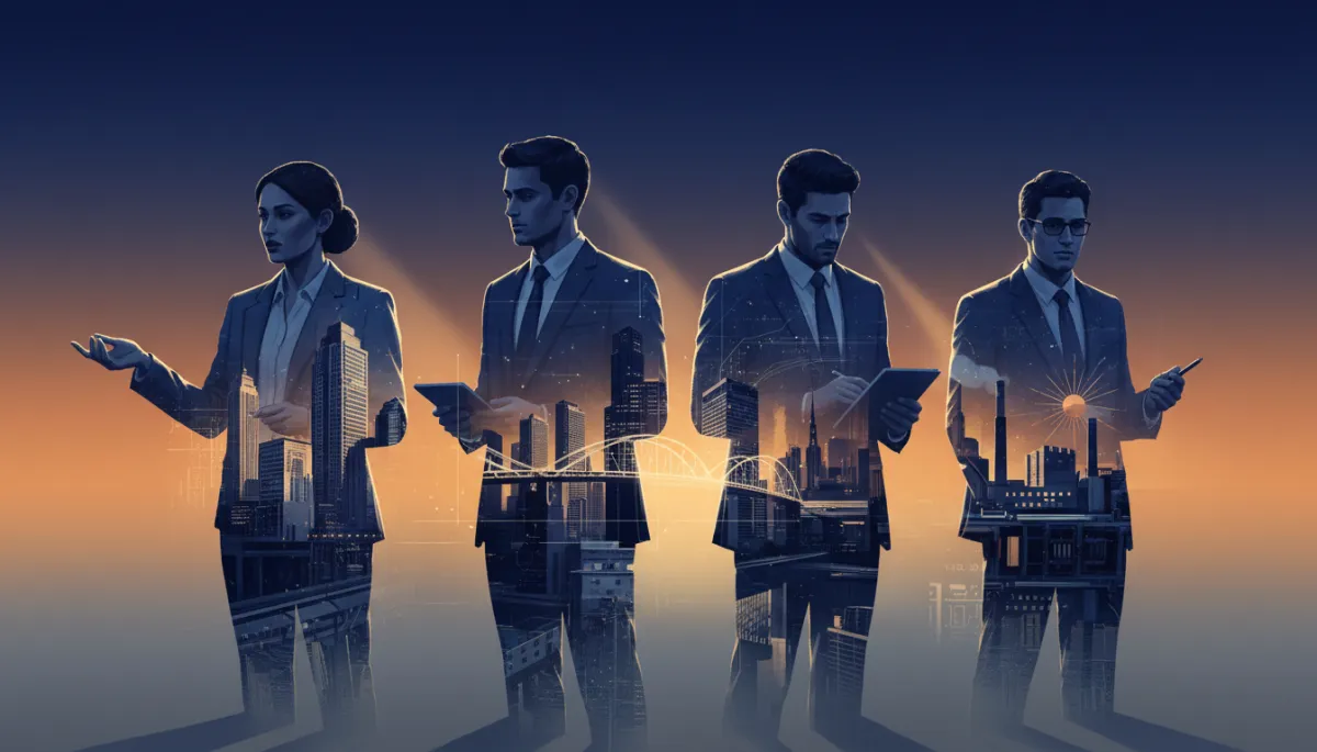 Double exposure cinematic style: A group of professionals collaborating, with cityscape or architectural lines subtly blended into their silhouettes, symbolizing influence and growth. Cinematic color grading, high contrast, and atmospheric lighting.