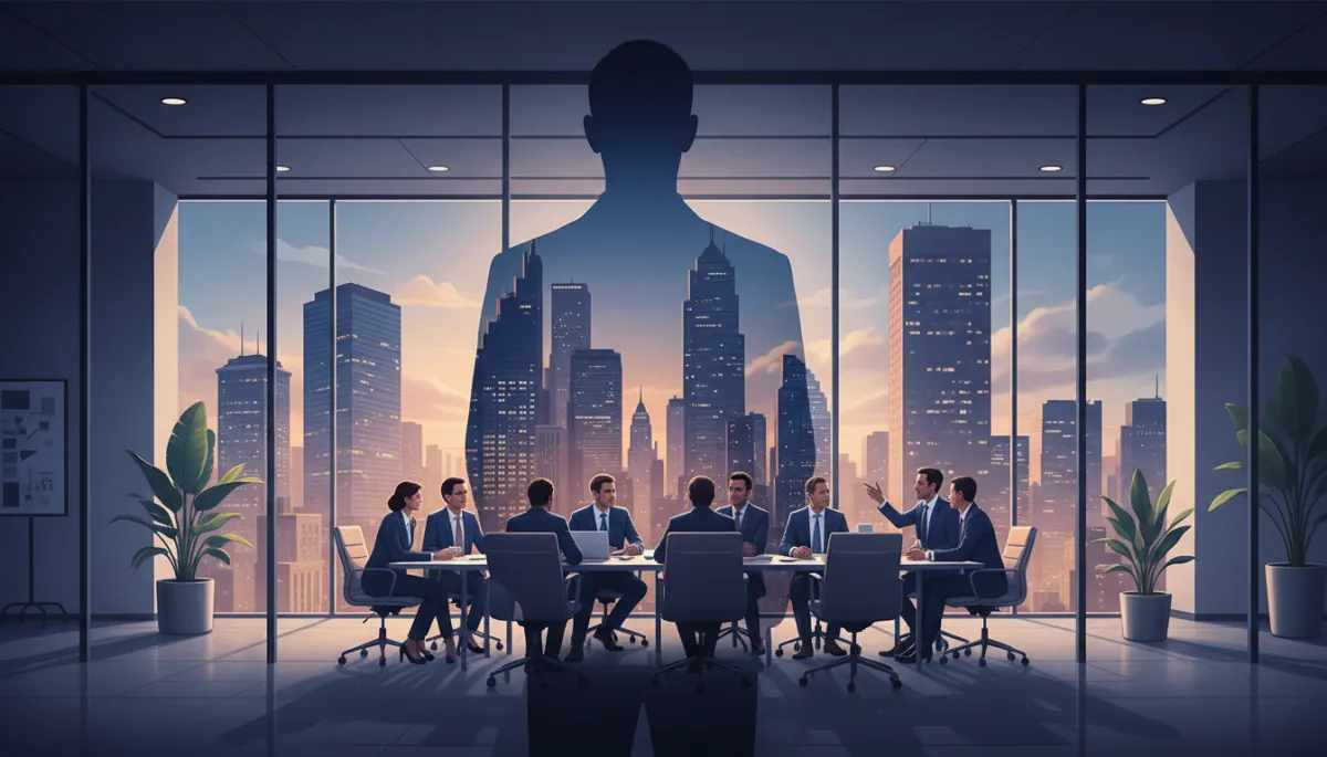 Double exposure cinematic style: A silhouette of a professional person standing at the edge of a glass-walled conference room, with the city skyline and a diverse group of high-achieving professionals in discussion layered over their figure. Soft natural light, modern minimalist office elements, dramatic lighting and moody tones.