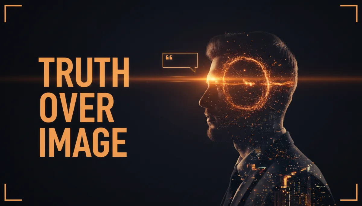 Cinematic double-exposure male silhouette with bold text about choosing truth over image