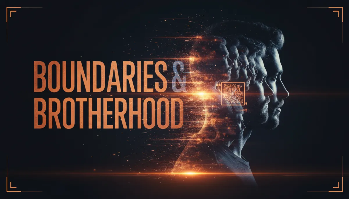 Cinematic double-exposure male silhouette with bold text about boundaries and brotherhood