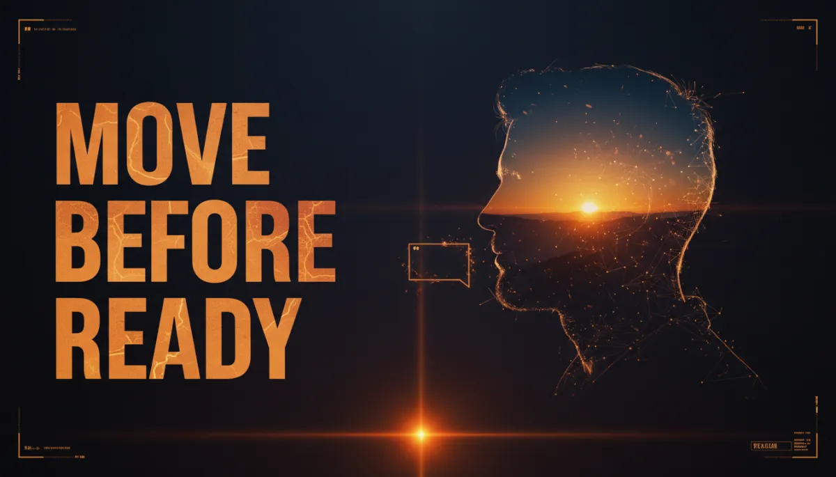 Cinematic double-exposure male silhouette with bold text about moving before you feel ready