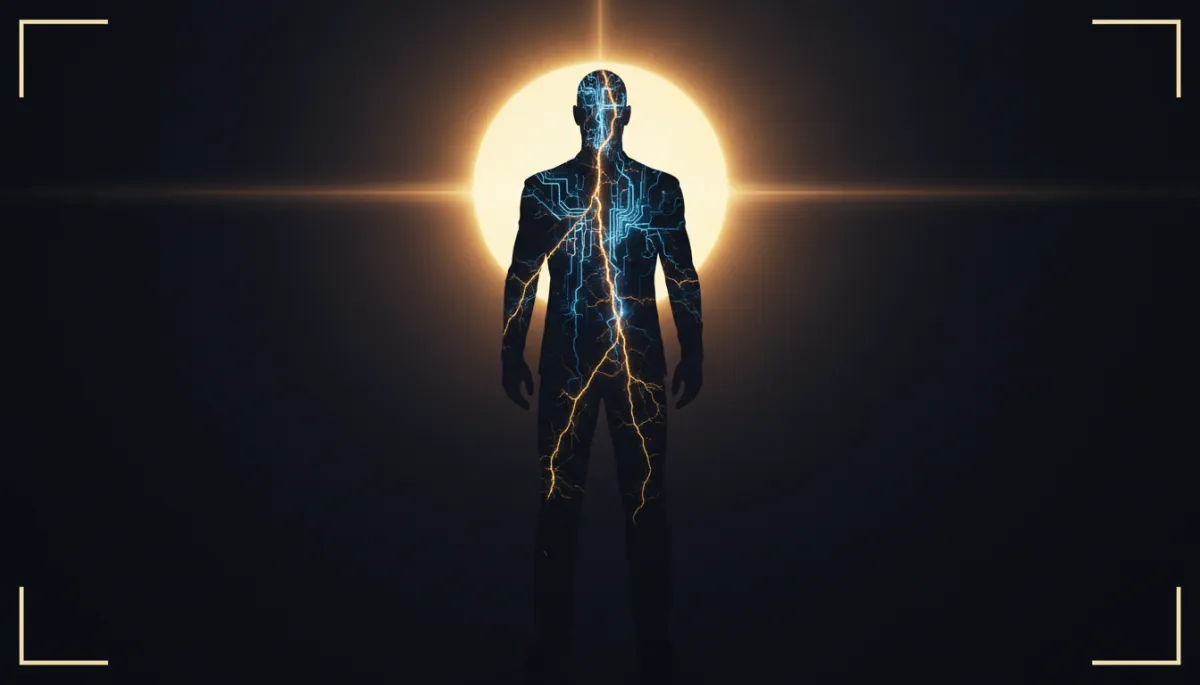 Cinematic double exposure of a man standing in sovereign control