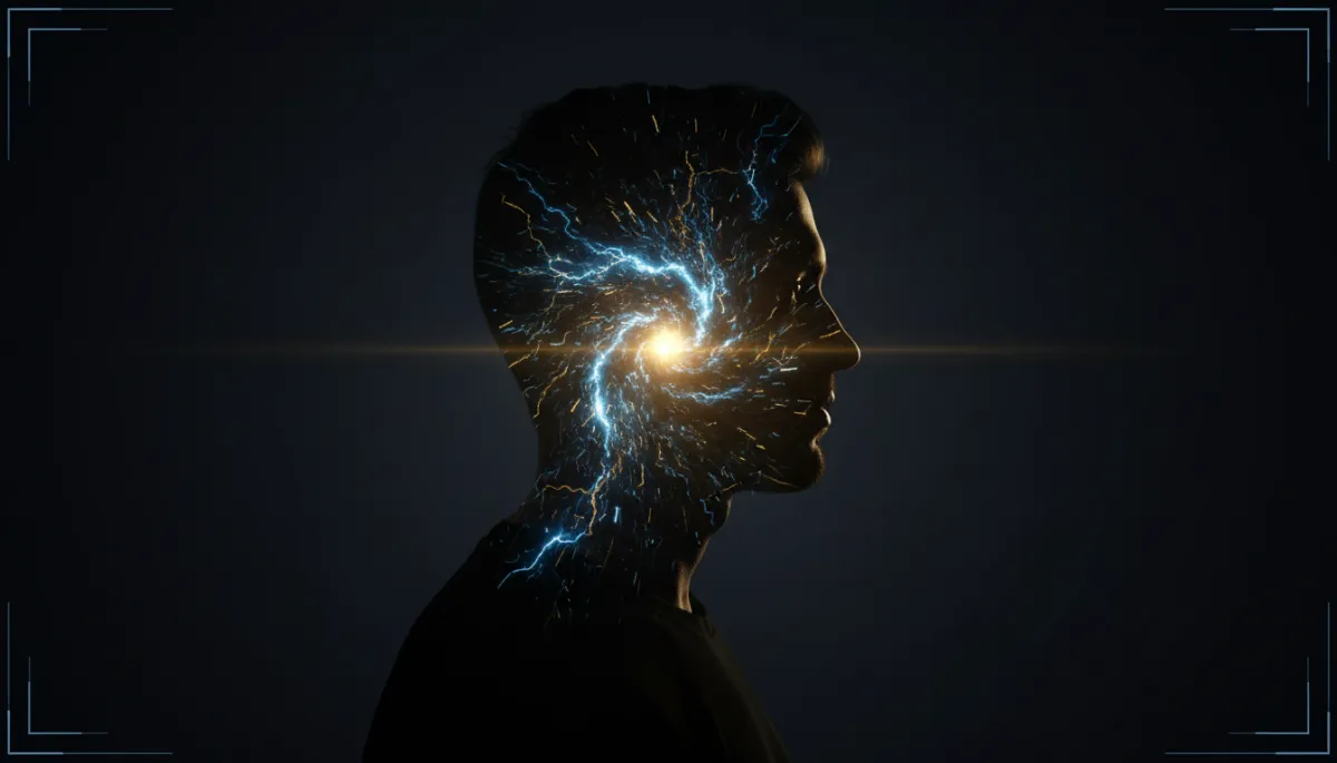 Cinematic double exposure of a man symbolizing internal conflict and control