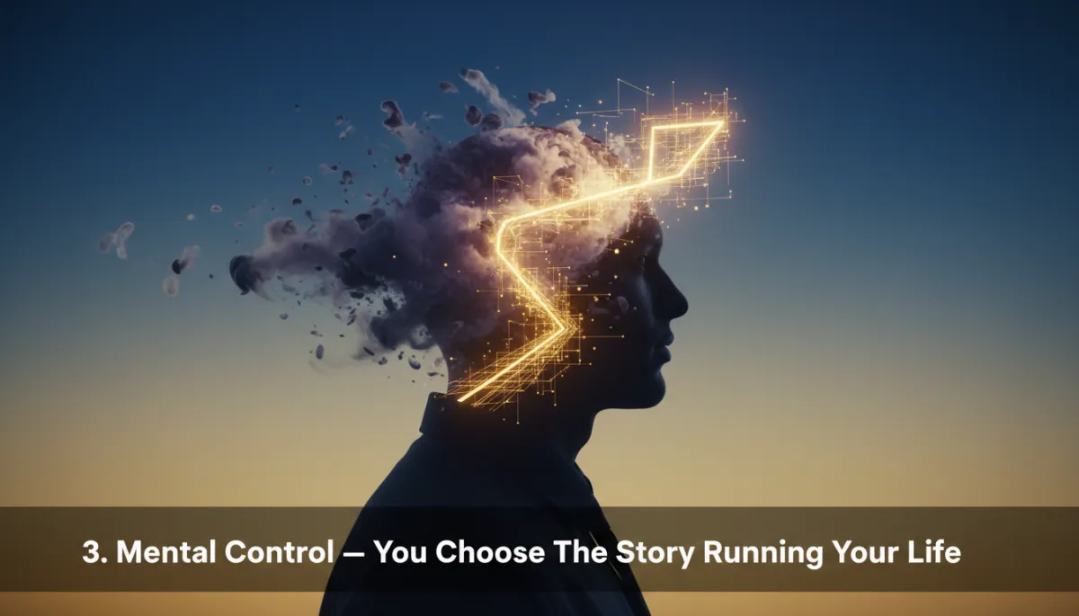 A cinematic double exposure image representing mental control: a man with his head surrounded by shifting, dissolving thought clouds, with a clear, illuminated path or frame emerging, under the section '3. Mental Control — You Choose The Story Running Your Life', immediately below the code block.