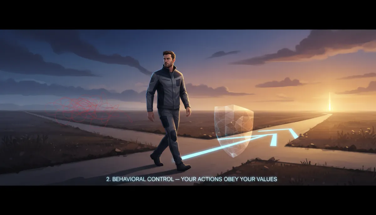A cinematic conceptual image representing behavioral control: a man at a crossroads, confidently choosing one path, with visual elements like clear direction or focused body language, under the section '2. Behavioral Control — Your Actions Obey Your Values', immediately below the code block.