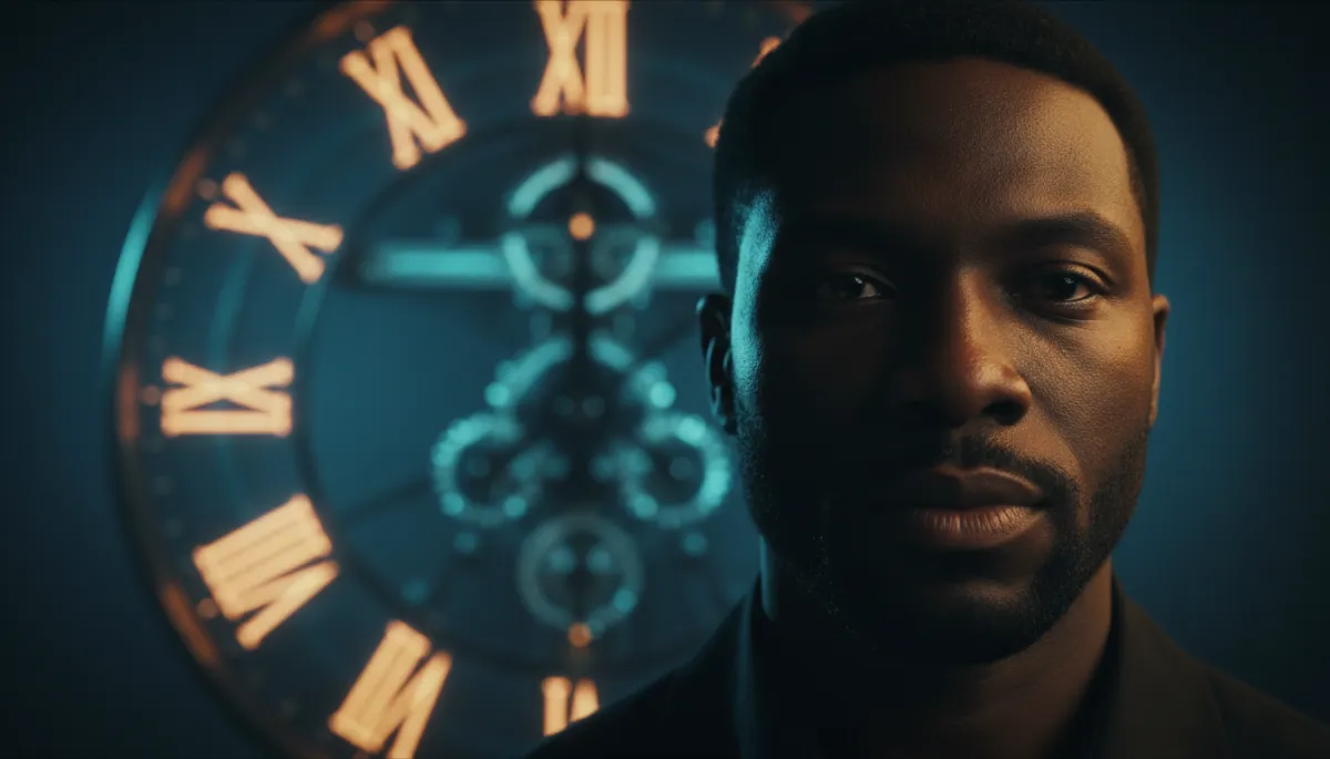 Black man calmly facing forward in front of an antique clock, half-lit in bronze-gold light against a dark background