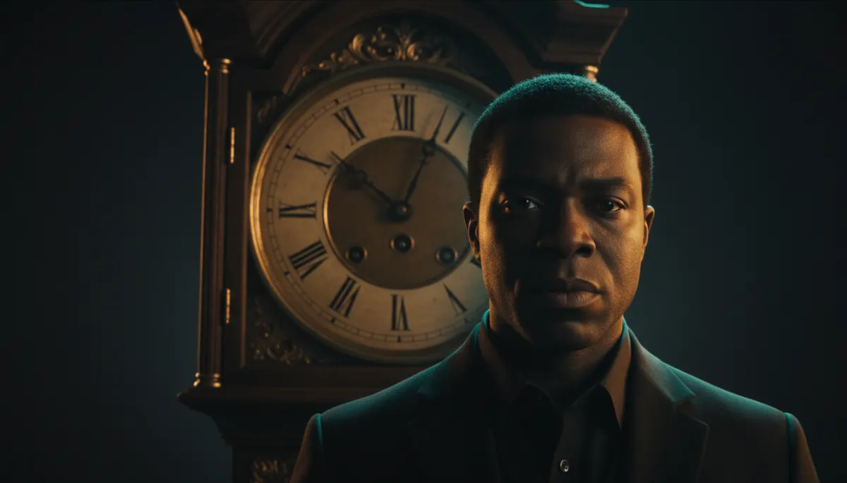 Black man in bronze-gold light in front of an antique clock, looking serious and reflective