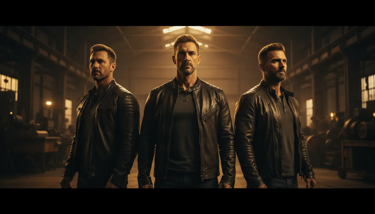 Group of strong men standing together in bronze-gold light, representing brotherhood