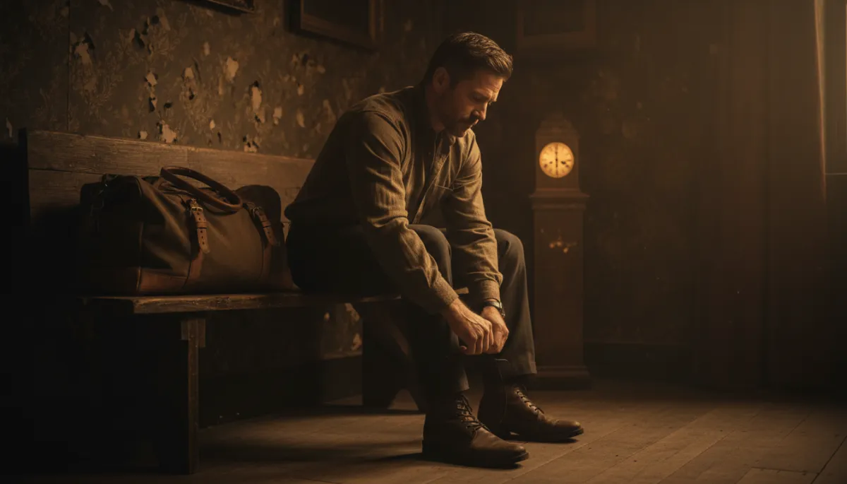 Man preparing to leave, calm and focused in bronze-gold light