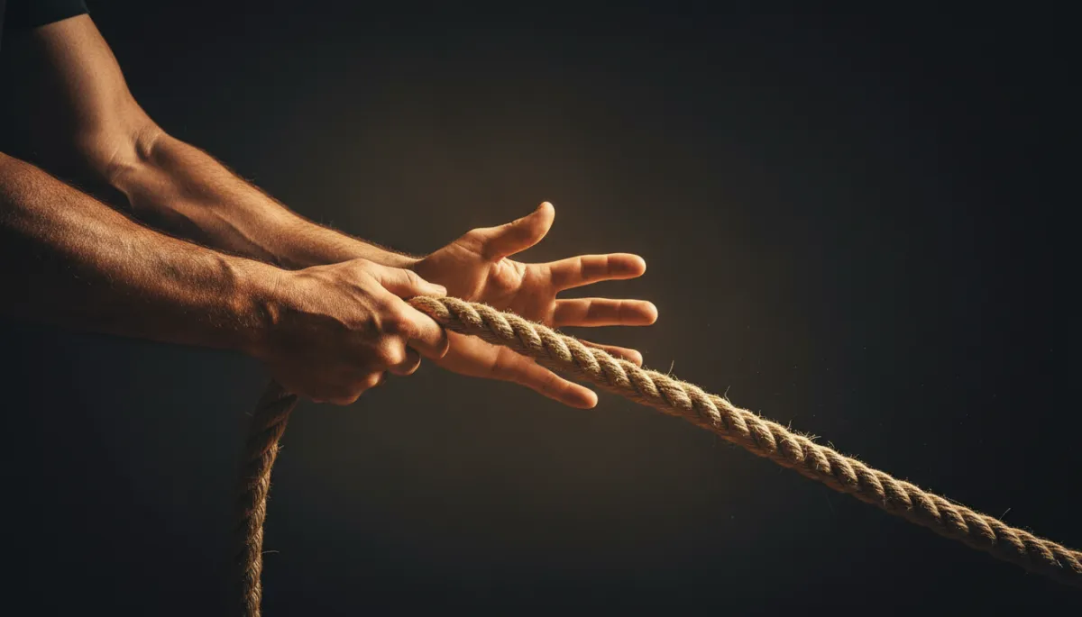 Man letting go of a heavy rope, symbolizing release from over-responsibility