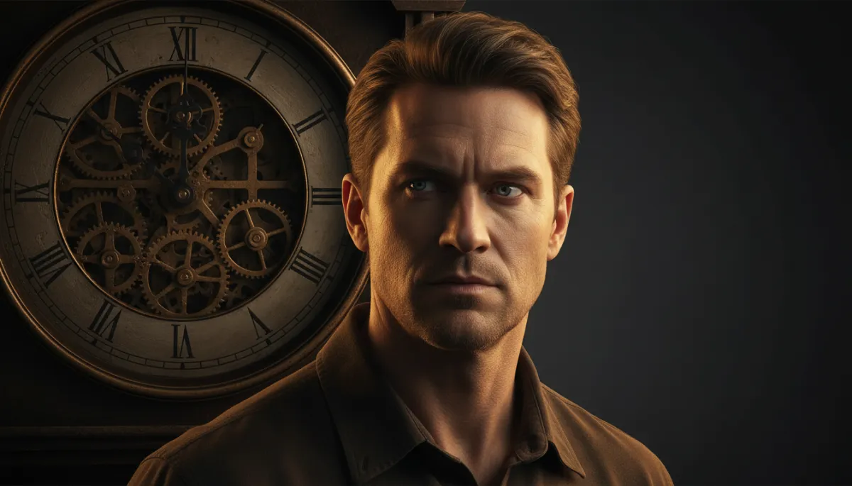 Man standing in front of an antique clock with bronze gold lighting, looking resolved