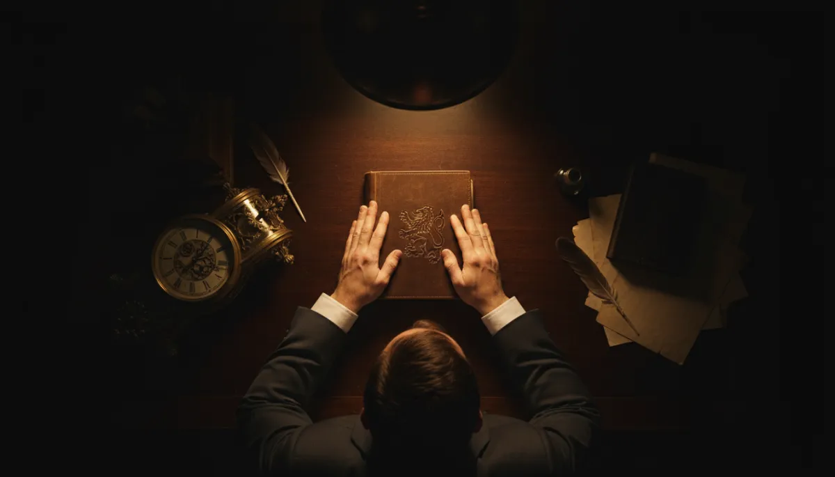 Man closing a leather journal beside an antique clock in bronze gold light