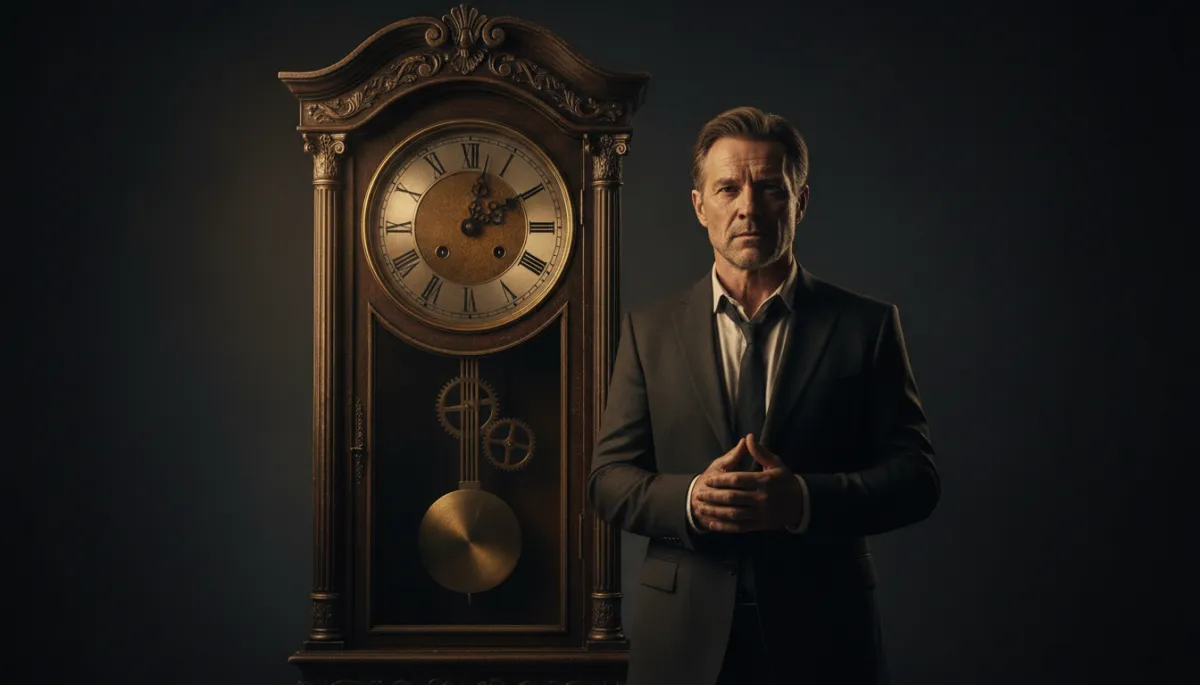 Grounded man standing beside a large antique clock in bronze gold light