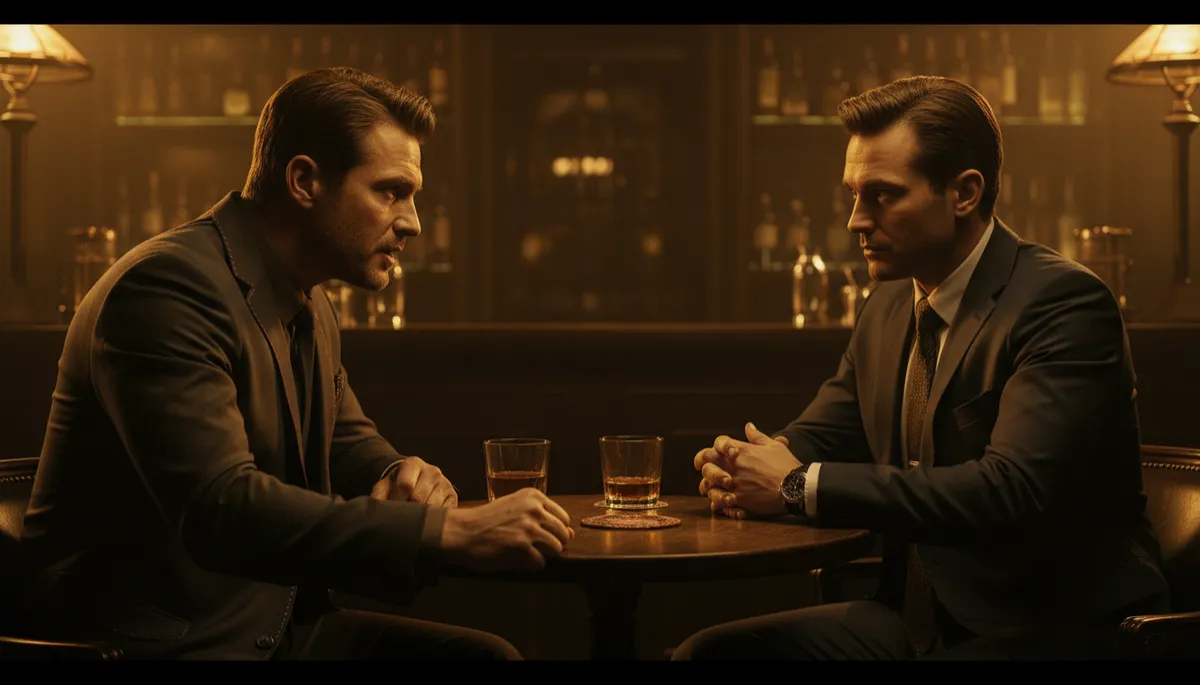Two men having a serious accountable conversation in a dark bronze gold cinematic style