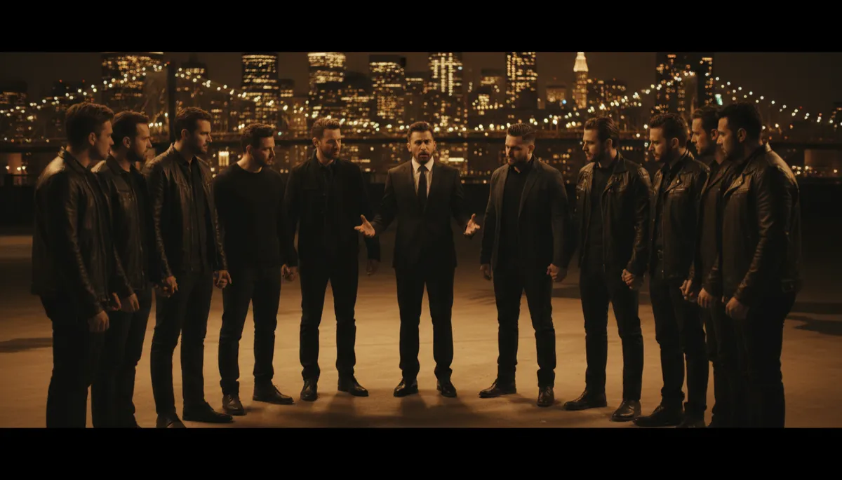 Circle of men standing together at night in a rooftop brotherhood gathering