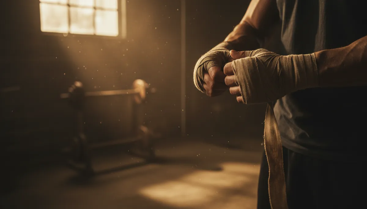 Man wrapping his hands alone in a dimly lit gym preparing for quiet work