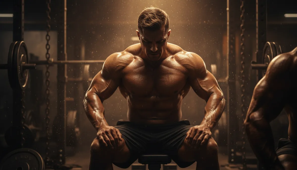 Man resting between sets in a dim gym, reflecting and rebuilding himself
