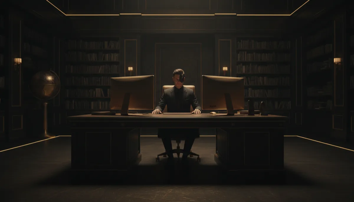 Disciplined man working late at a computer, calm and focused