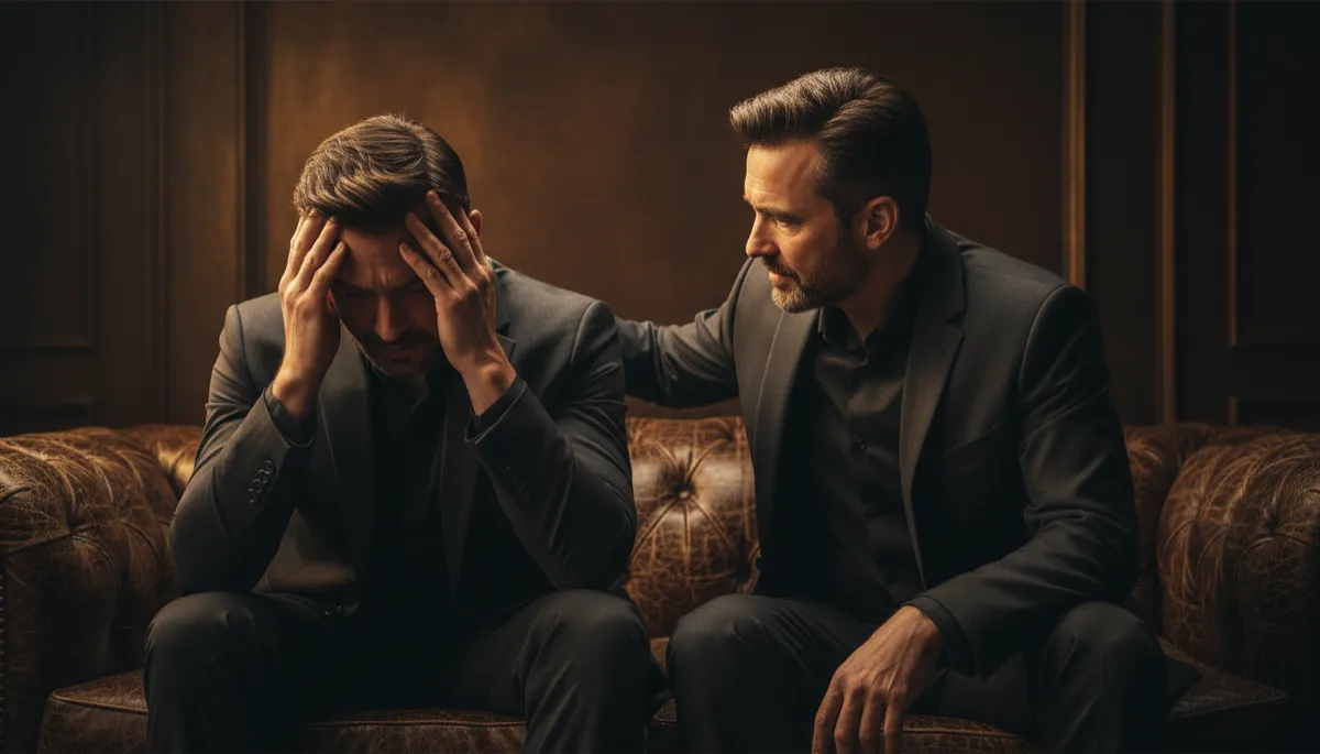 Two men sitting close, one listening deeply as the other struggles