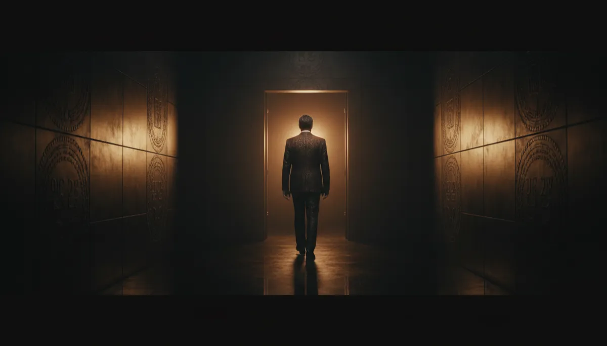 Man walking away down a dim hallway, embodying a calm silent exit