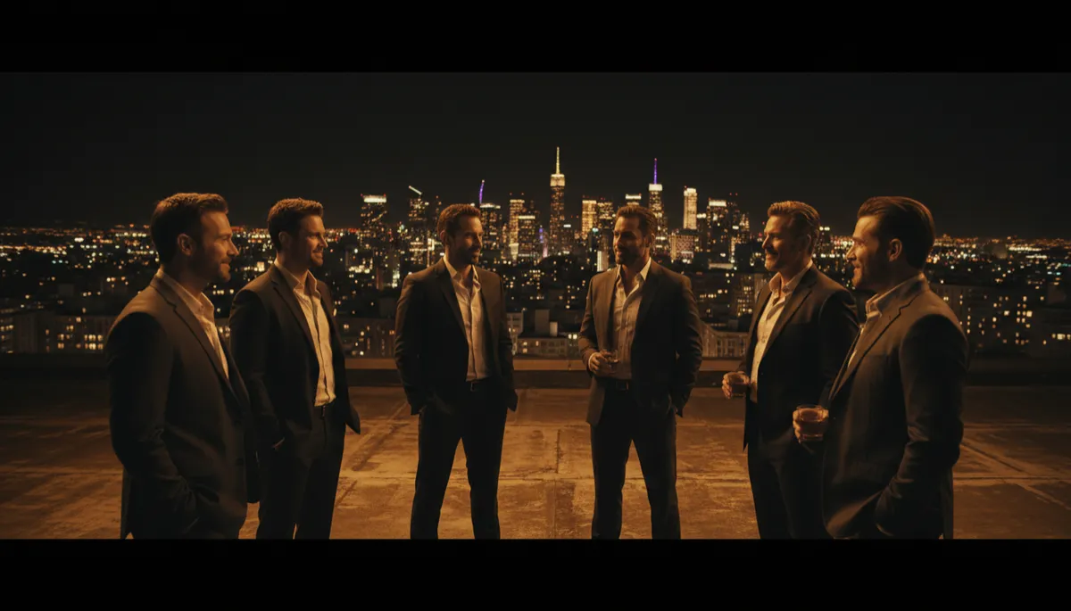 Group of men standing together at night, grounded in mutual respect