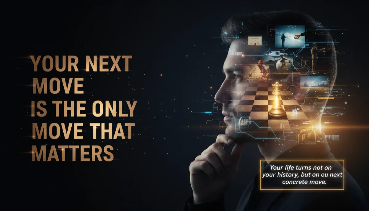 Double exposure cinematic image: Dark navy-black background. LEFT: Bold condensed typography 'Your Next Move Is the Only Move That Matters'. RIGHT: Male profile silhouette looking at camera, double exposure of a chessboard with a single glowing piece, overlays of various critical life situations. Sparks, HUD lines, bronze/golden flare, glowing quote box: 'Your life turns not on your history, but on your next concrete move.'
