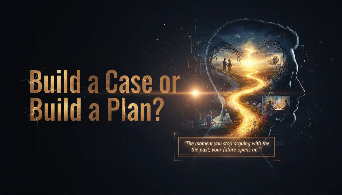 Double exposure cinematic image: Dark navy-black background. LEFT: Bold condensed typography 'Build a Case or Build a Plan?'. RIGHT: Male profile silhouette looking at camera, double exposure of a crossroads—one path dark and looping, other path golden and forward, with situations from life as overlays. Sparks, HUD lines, bronze/golden flare, glowing quote box with: 'The moment you stop arguing with the past, your future opens up.'