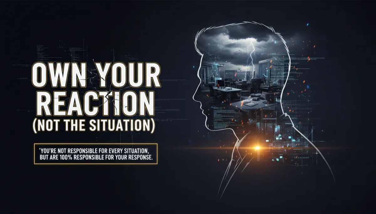 Double exposure cinematic image: Dark navy-black background. LEFT: Bold condensed typography 'Own Your Reaction (Not the Situation)'. RIGHT: Male profile silhouette looking at camera, double exposure of chaotic office, broken code, and stormy sky. Sparks inside, HUD lines, golden flare, glowing quote box. Include the quote: 'You’re not responsible for every situation, but you are 100% responsible for your response.'