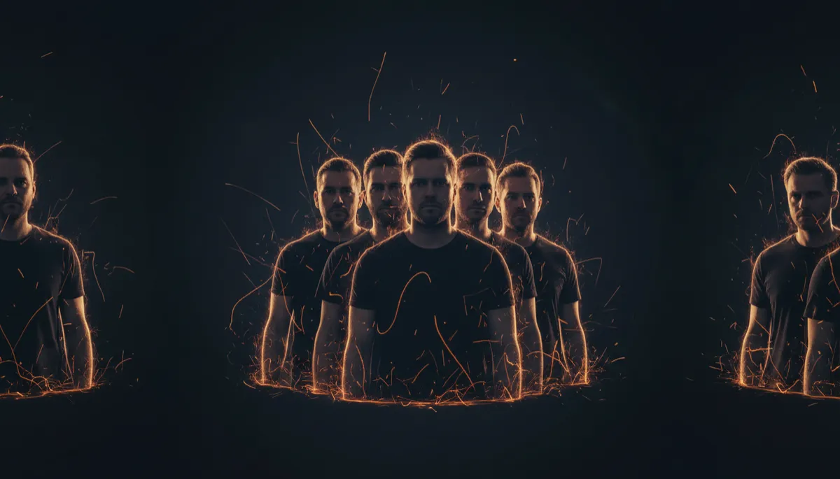 dark cinematic double exposure of a small circle of men standing shoulder to shoulder in the dark, deep navy-black background with electric orange sparks rising around them like embers, faces serious and focused, sovereign masculine energy