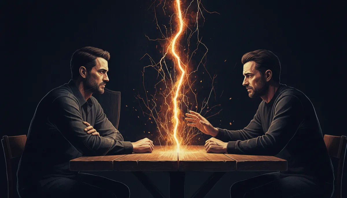 dark cinematic double exposure of two men in their 40s sitting on opposite sides of a table, deep navy-black background with electric orange sparks between them, one man looking away guarded while the other leans in with concern, sovereign masculine energy