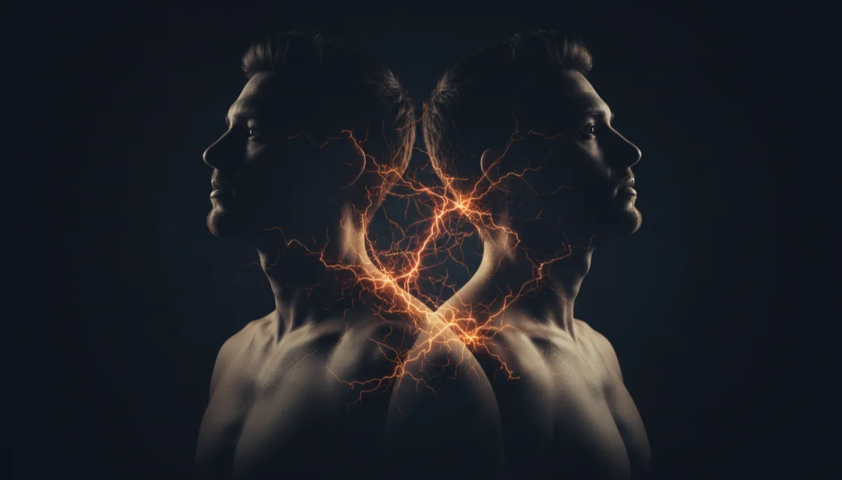 Two versions of the same man, one tense and one calm