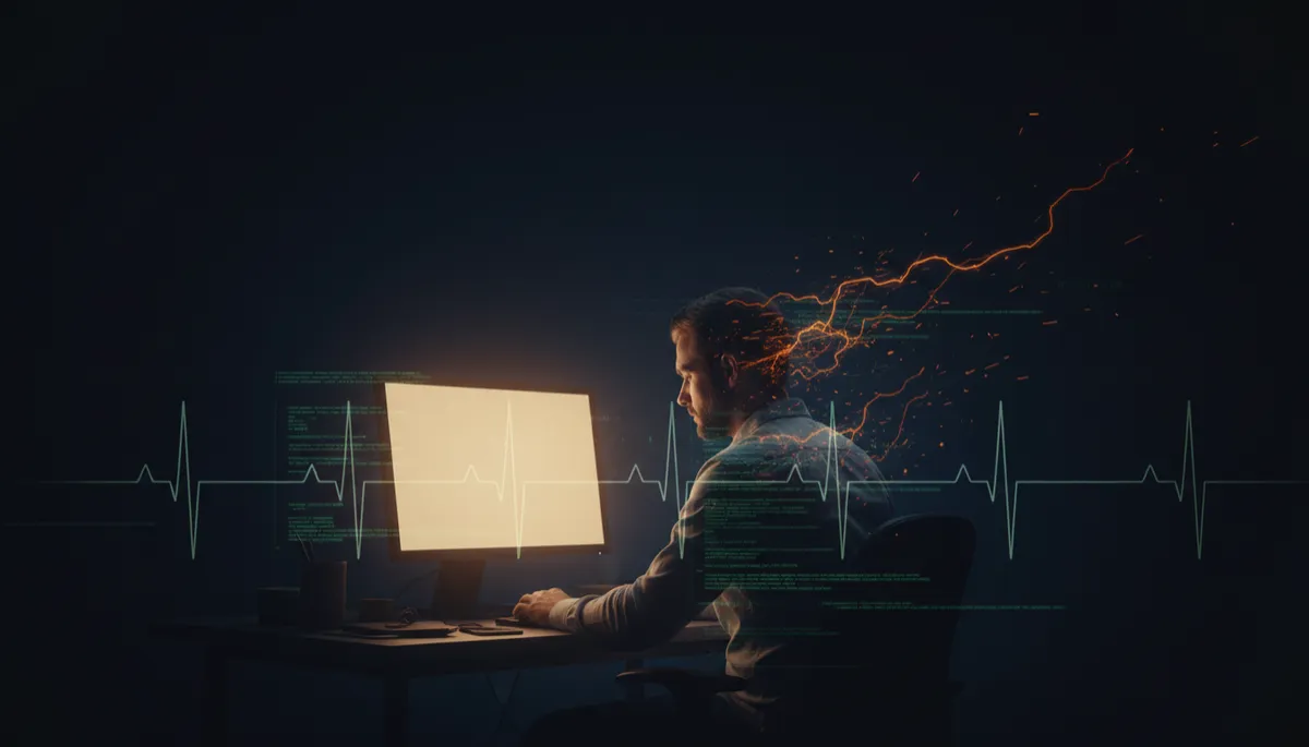 Man working alone at night with calm focused energy