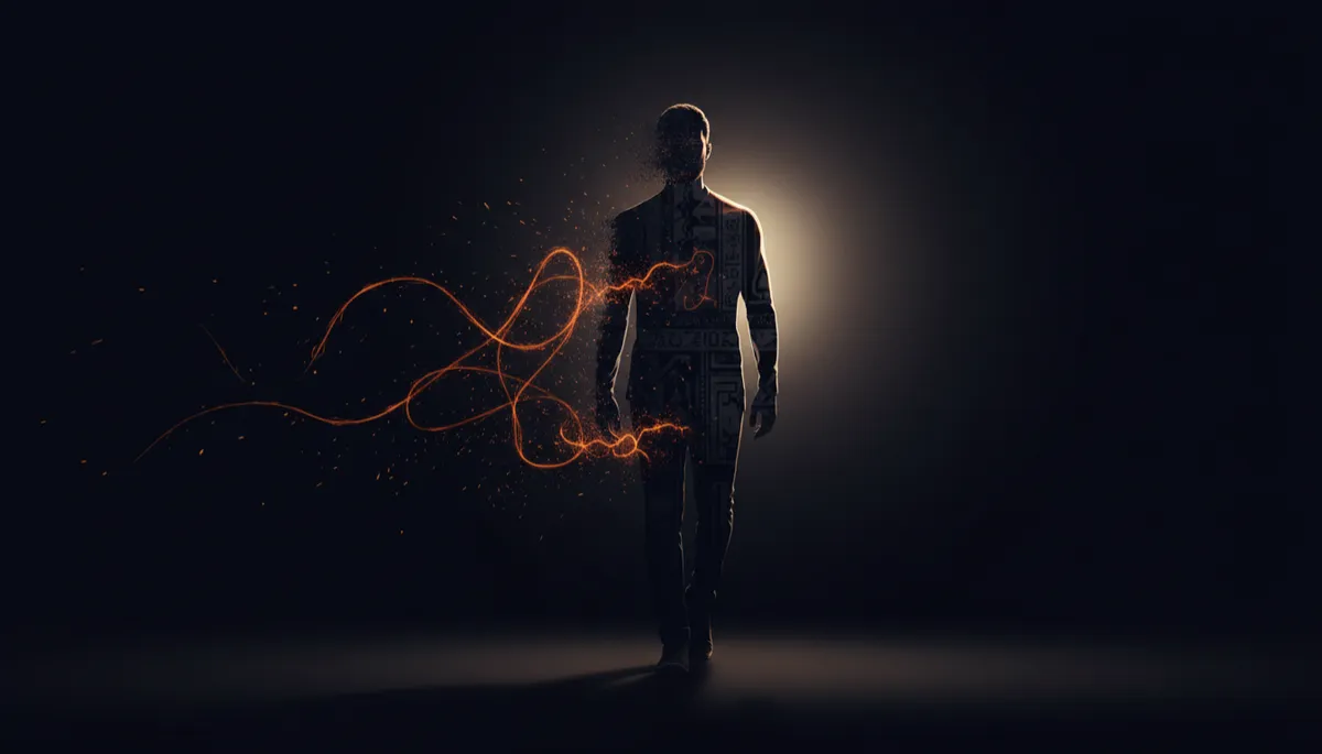 Man walking forward out of darkness into subtle light