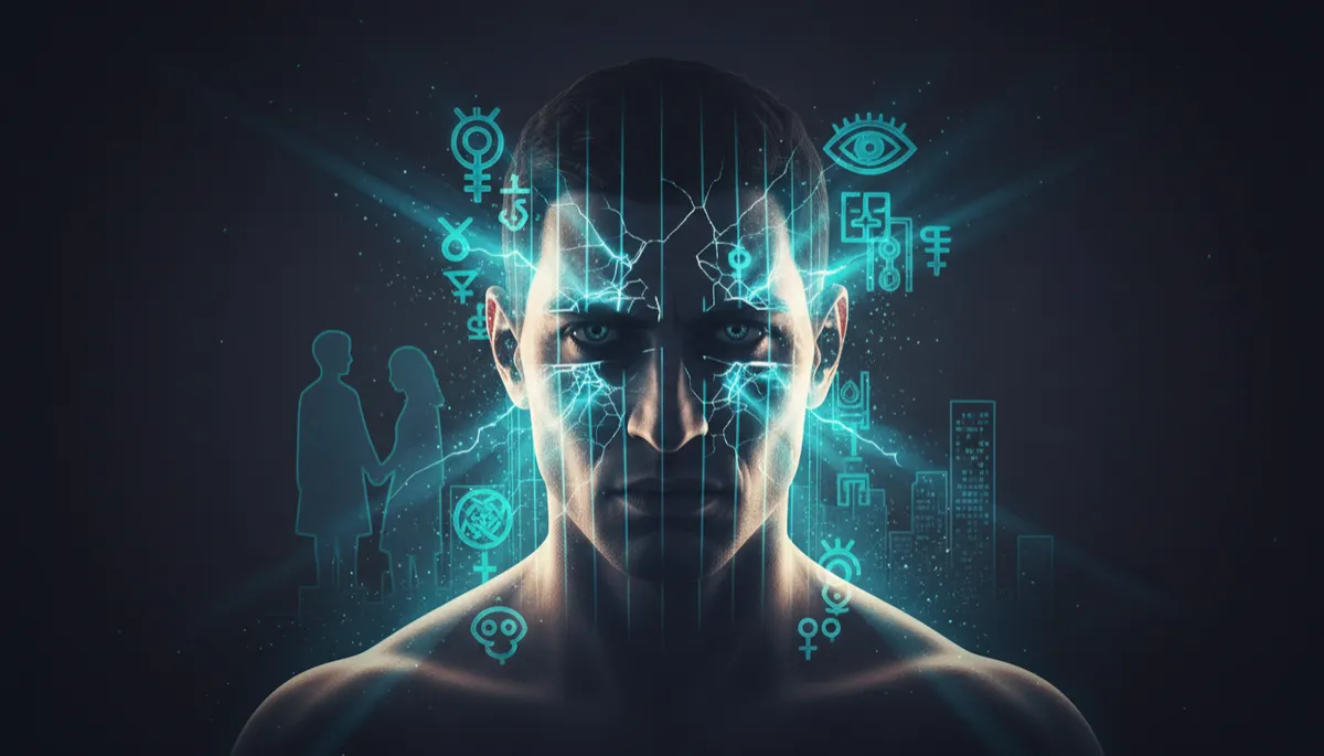 Man surrounded by inherited beliefs forming invisible electric cyan bars in a dark cinematic double exposure style