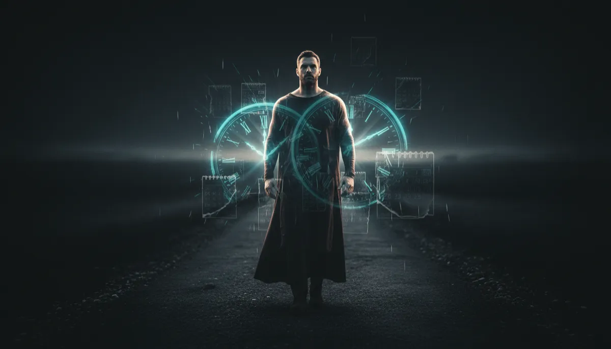 Man frozen in time behind invisible electric cyan bars made of clocks and calendars in a dark cinematic double exposure style