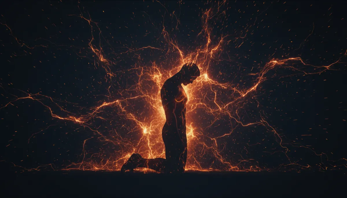 Man rising from his knees in a dark cinematic forged-by-pressure scene