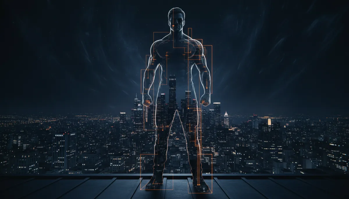 Man standing over a city with blueprint lines symbolizing self-architecture