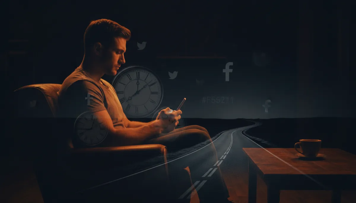 Man alone in dark room lit by phone glow, surrounded by symbolic distractions