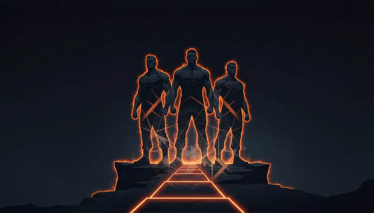 Three men standing together facing a glowing path, symbolizing brotherhood