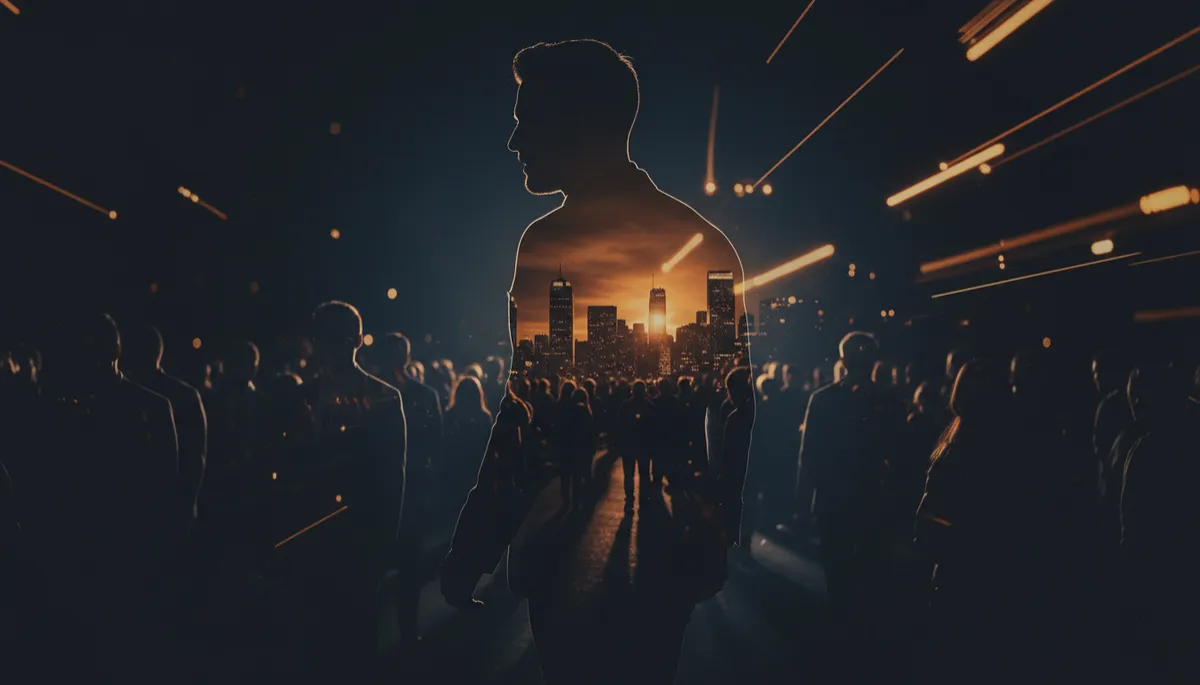 Man walking away from a shadowy crowd in a city at night, double-exposure